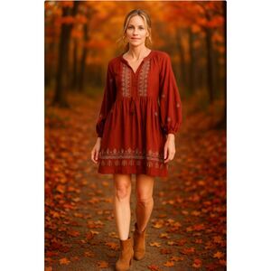 Knox Rose Rust Red Embroidered Midi Dress